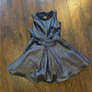 Sparkly navy A-line poofy blue dress with waist tie